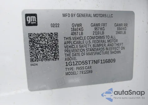 2022 Chevrolet Malibu Fwd Lt from USA, damaged, VIN 1G1ZD5ST7NF116809